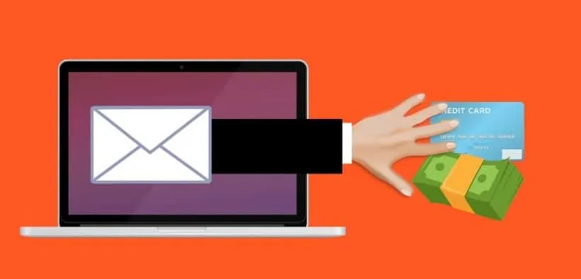 Tekening maan een laptop met op het scherm een email-icoon waaruit een arm steekt die naar geld en identiteitsbewijs grijpt: is deze mail veilig?
