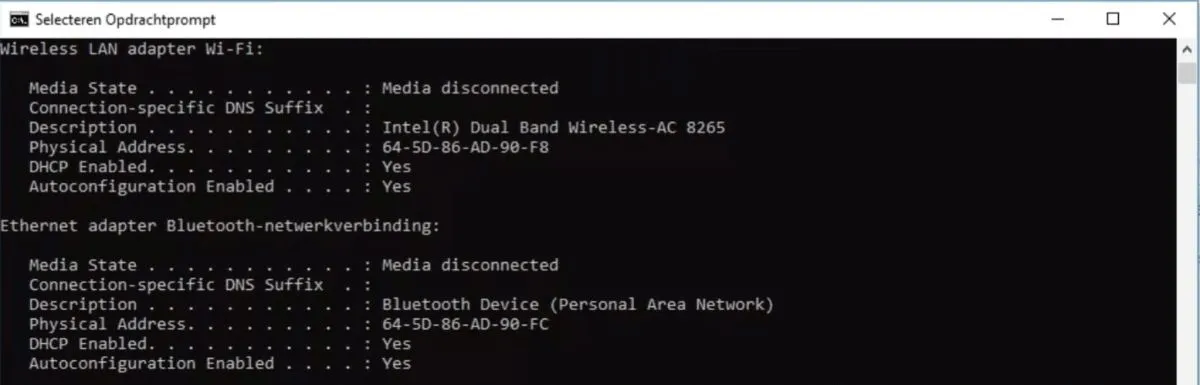 MAC-adres achterhalen opdrachtprompt