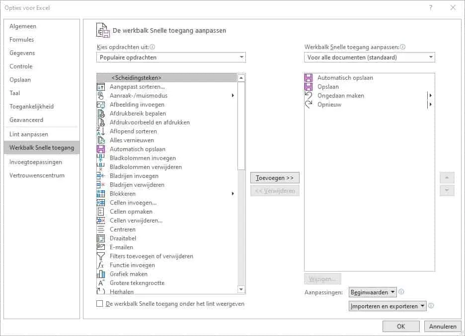 Snelle toegang instellen in Excel