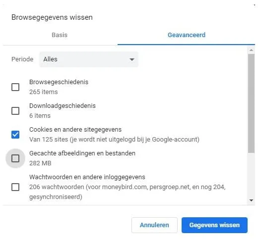 Cookies en andere sitegegevens verwijderen in Chrome