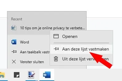 Office bestand vastzetten op taakbalk