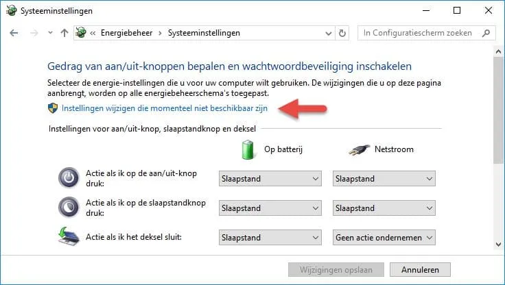 Instellingen wijzigen aan en uit knop