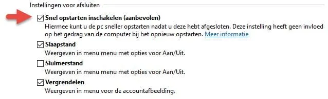 Snel opstarten inschakelen in Windows 10