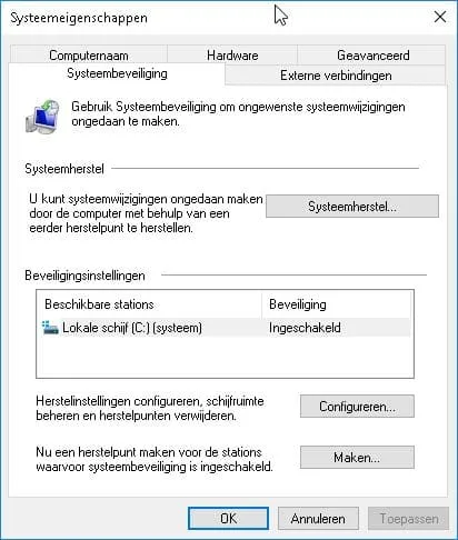 Systeemherstel in Windows 10