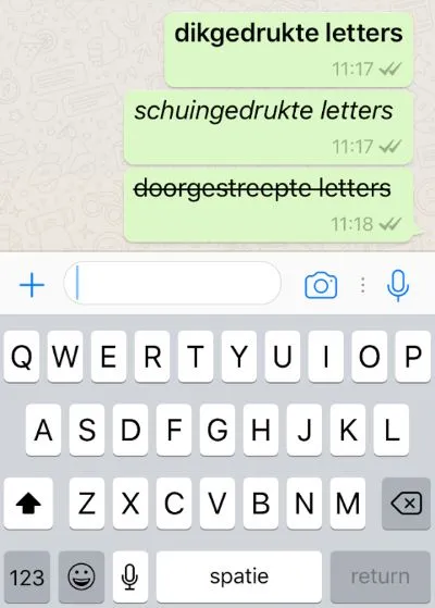 Vette, schuine en doorgestreepte letters in WhatsApp