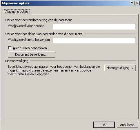 Algemene opties in Word