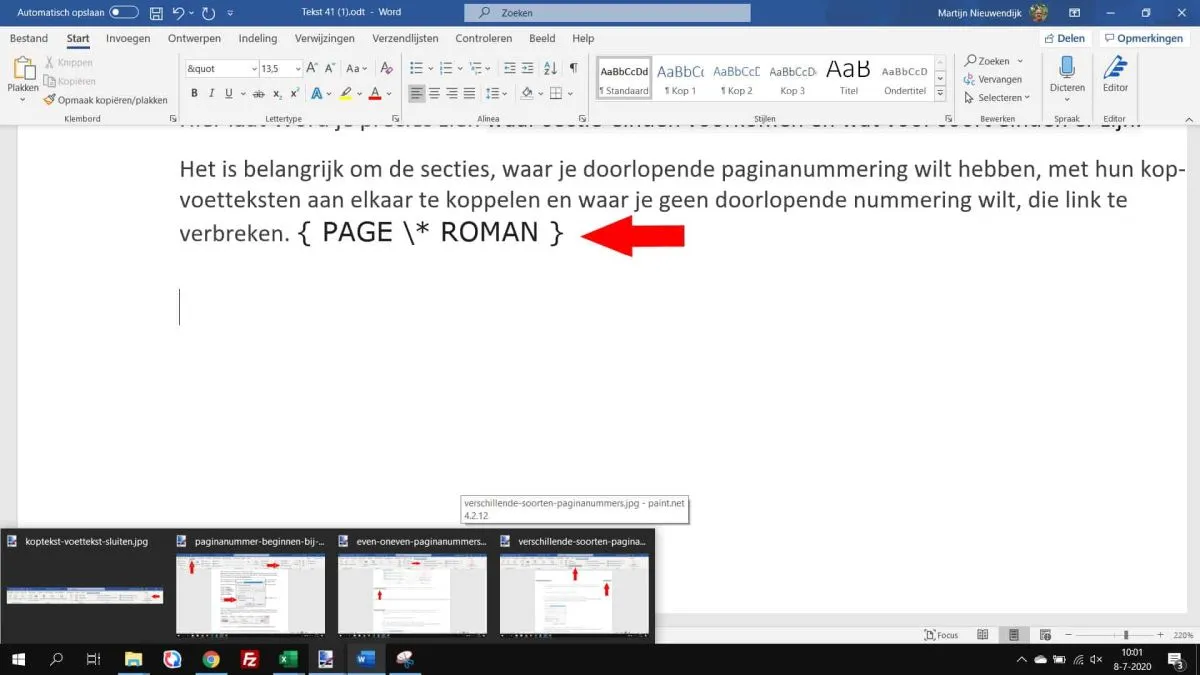 Paginanummering met velden gebruiken