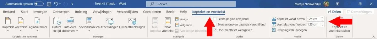 Positie paginanummering Word