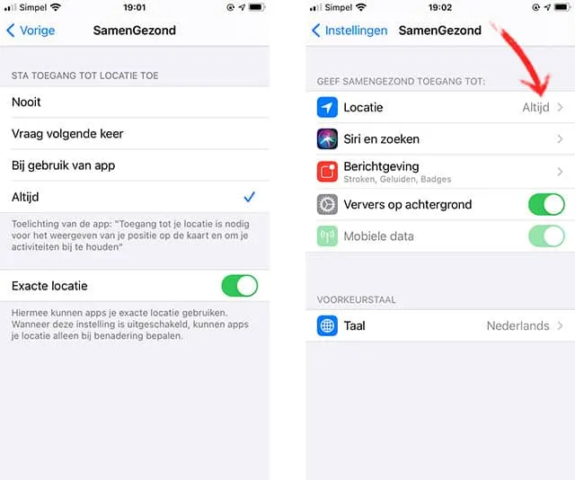 iPhone-scherm met 'altijd' geselecteerd bij locatievoorzieningen