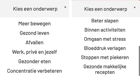 Drop-down menu SamenGezond met beschikbare keuzes