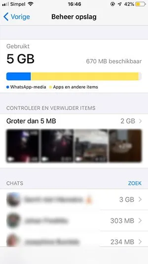 Overzicht van opslagbeheer met media en chatgesprekken gesorteerd op grootte