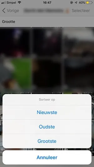 Geopende knop in Whatsapp met de sorteeropties