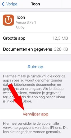 De Toon app verwijderen om de cache te legen.