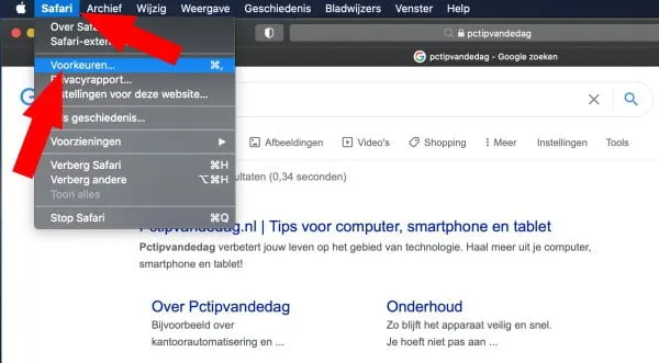 Voorkeuren openen in Safari