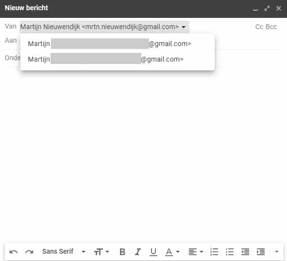 Van adres selecteren bij een nieuw e-mailbericht in Gmail.