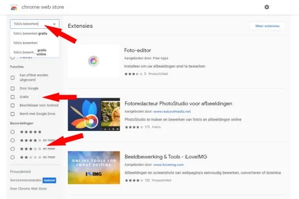 Zoeken op trefwoord, functies of beoordelingen in de Chrome Web Store