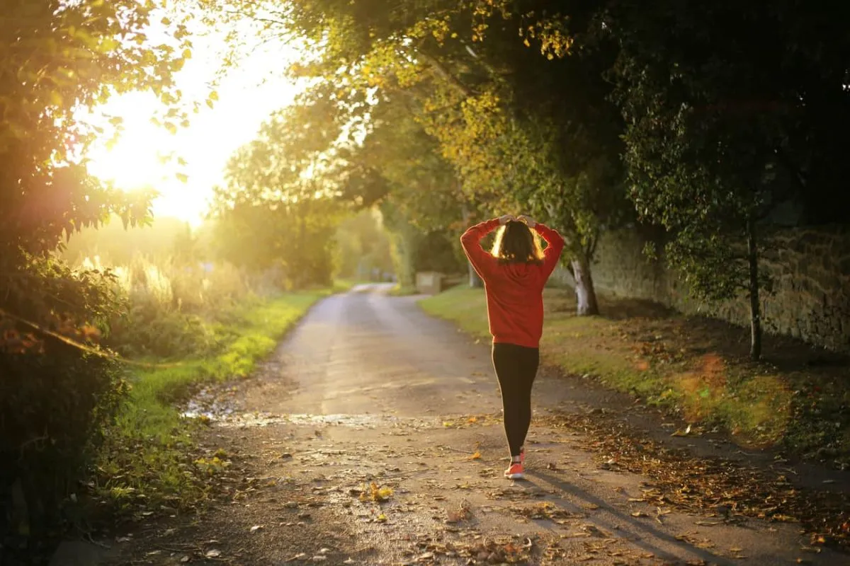Een vrouw in sportkleding zichtbaar van de achterkant, wandelend door bos met laagstaande zon