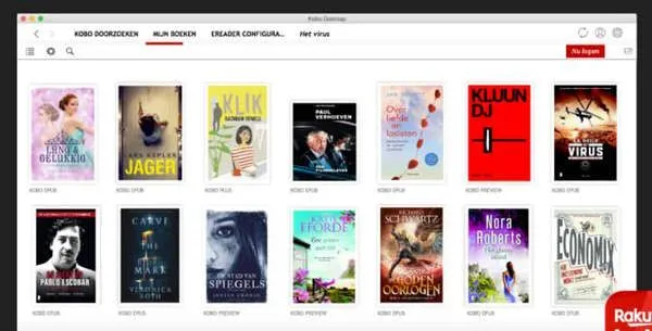 De bibliotheek met een boekoverzicht in de Kobo e-reader voor Windows app