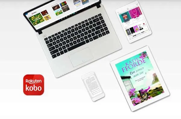 De Kobo app openstaand op een MacBook, tablet, telefoon en e-reader