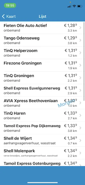 Lijst uit DirectLease met goedkoopste tankstations binnen enkele kilometers van huidige locatie