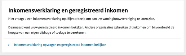 Screenshot van waar je verzamelinkomen en inkomensverklaring kan opvragen
