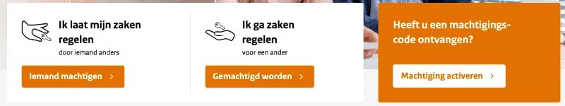 Deel van de DigiD website met DigiD machtiging aanvragen voor iemand anders of jezelf laten machtigen