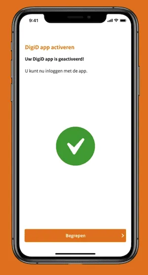 Digid app scherm met succes-vinkje en de melding dat de app is geactiveerd