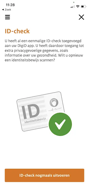 DigiD app succesmelding met een geslaagdvinkje dat ID-check succesvol is toegevoegd 