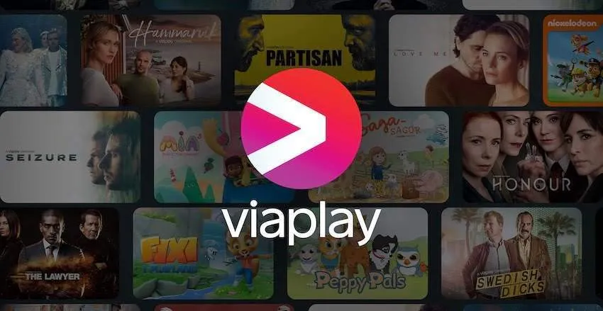 Viaplay logo met in het donker op de achtergrond allerlei serie- en filmthumbnails
