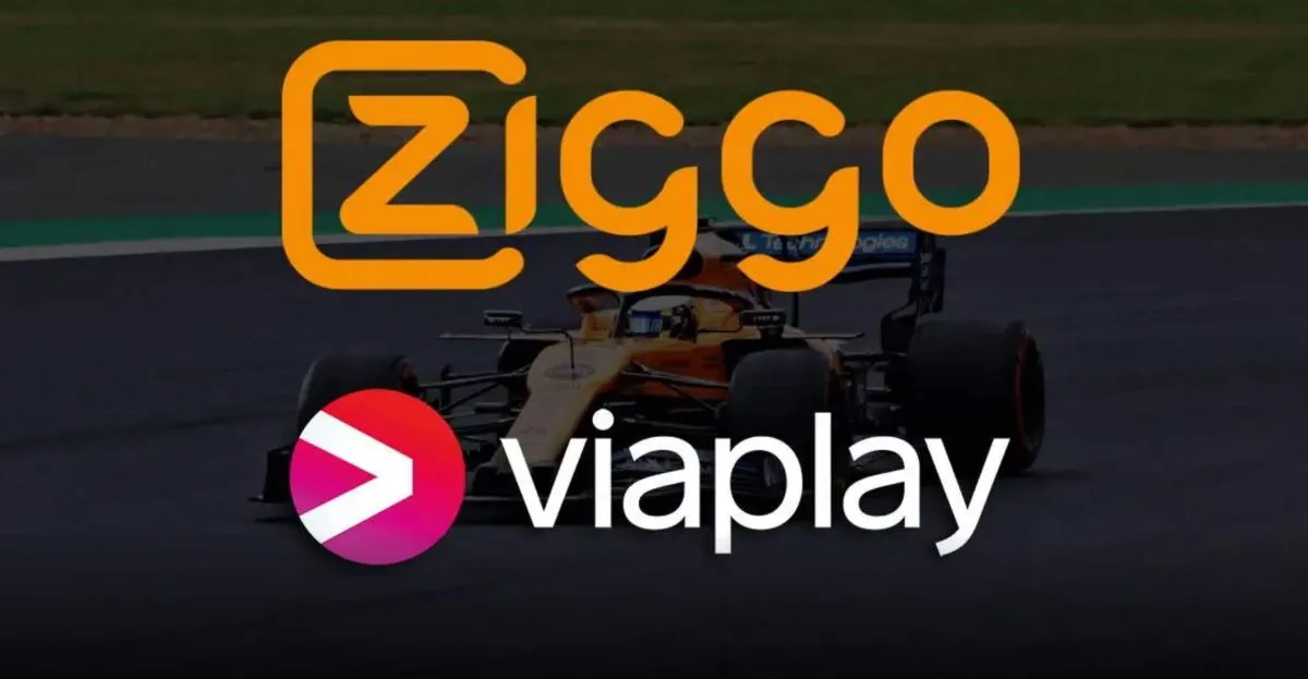 Viaplay en Ziggo-logo's met op de achtergrond een Formule 1 auto