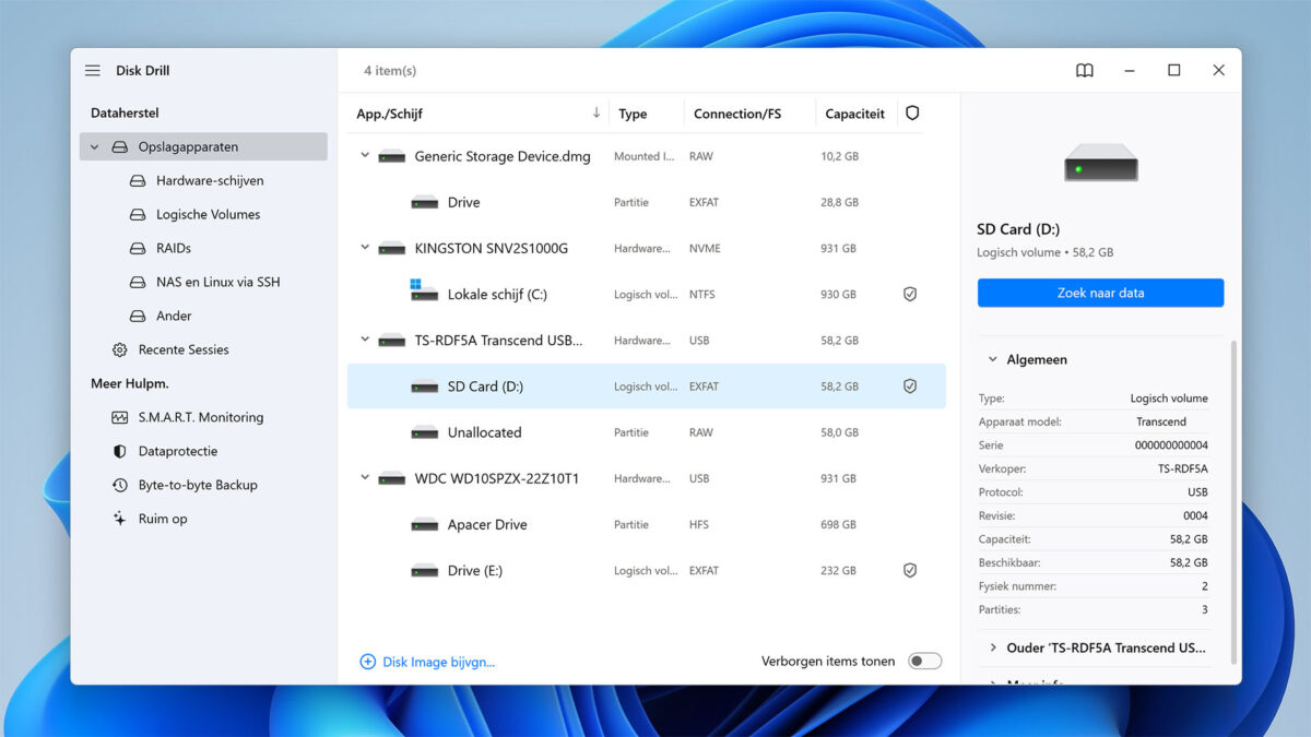 Selecteer de SD-kaart in Disk Drill